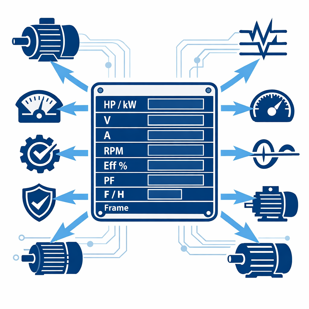 HP a kW: Calculadora Online (Fórmula y Ejemplos) – Conversor Rápido — placa de datos de un motor eléctrico industrial con fle