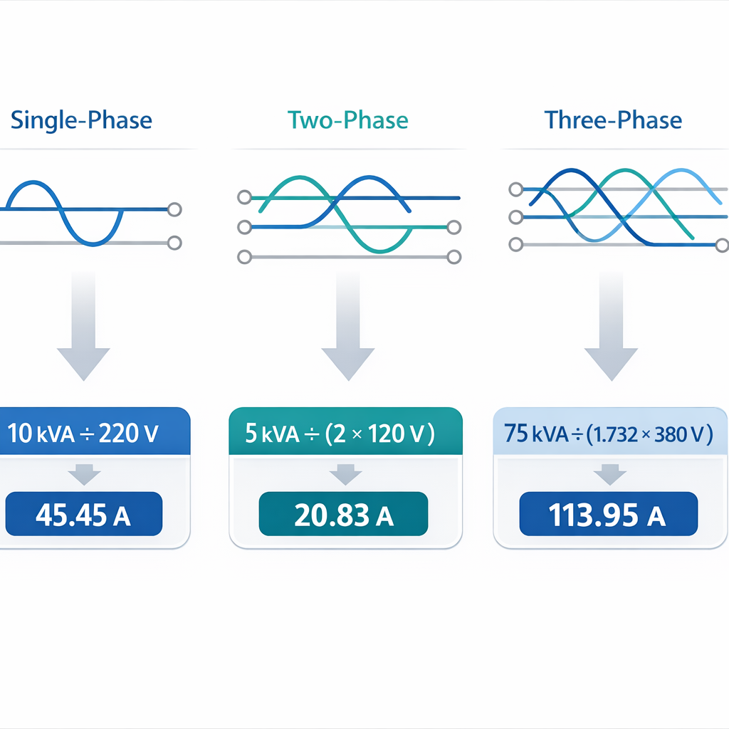 KVA a Amperios (kVA a A) – Calculadora Online y Tabla — diagrama comparativo lado a lado de las 3 fórmulas de kva a amperios