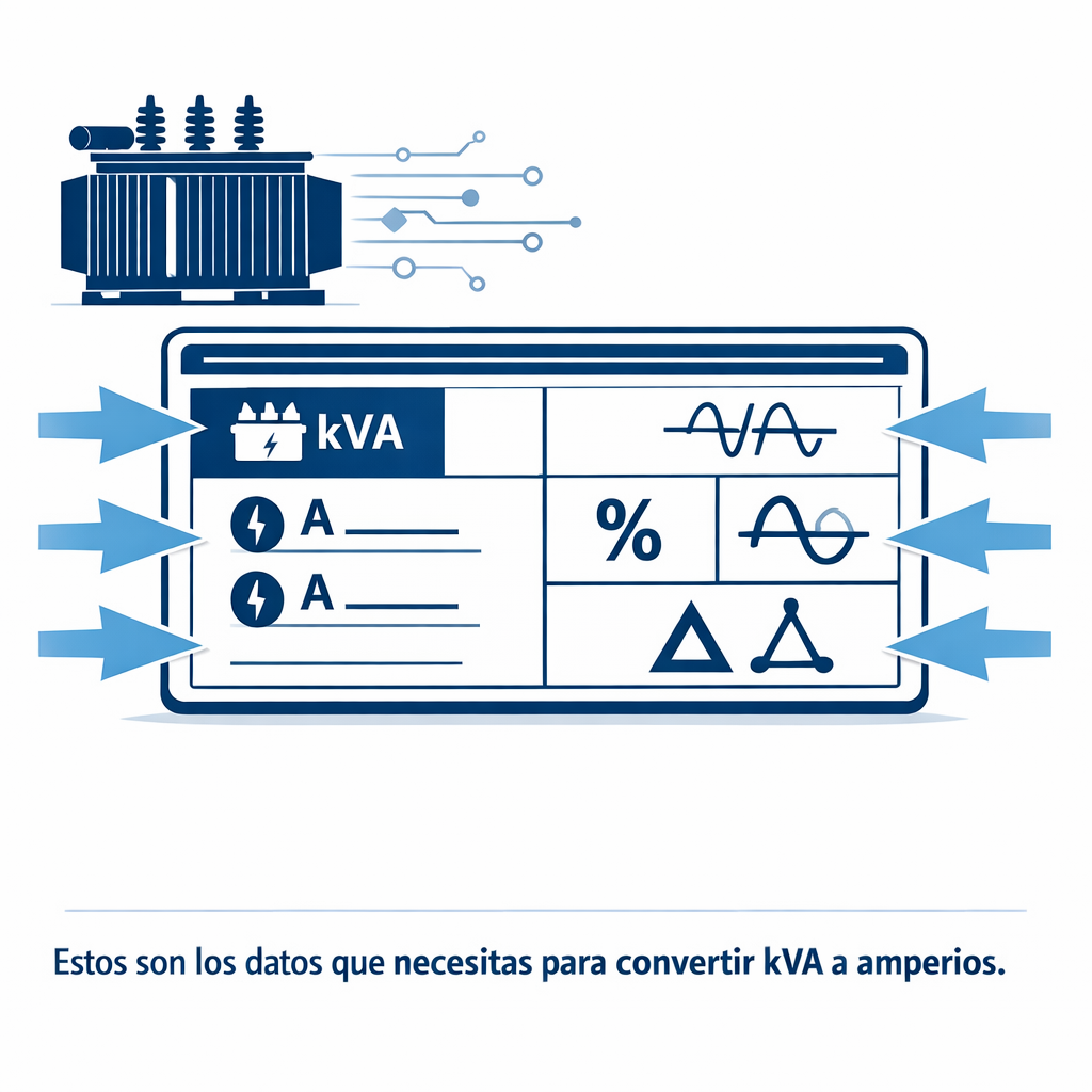 KVA a Amperios (kVA a A) – Calculadora Online y Tabla — placa de datos de un transformador trifásico con flechas señalando lo
