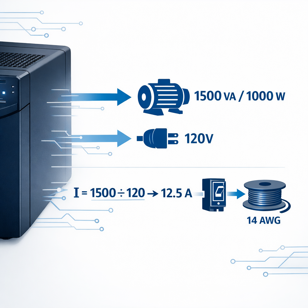 VA a Amperios: Calculadora Online, Fórmula y Tabla con Ejemplos — etiqueta de un ups apc smart-ups 1500 con flechas señalando