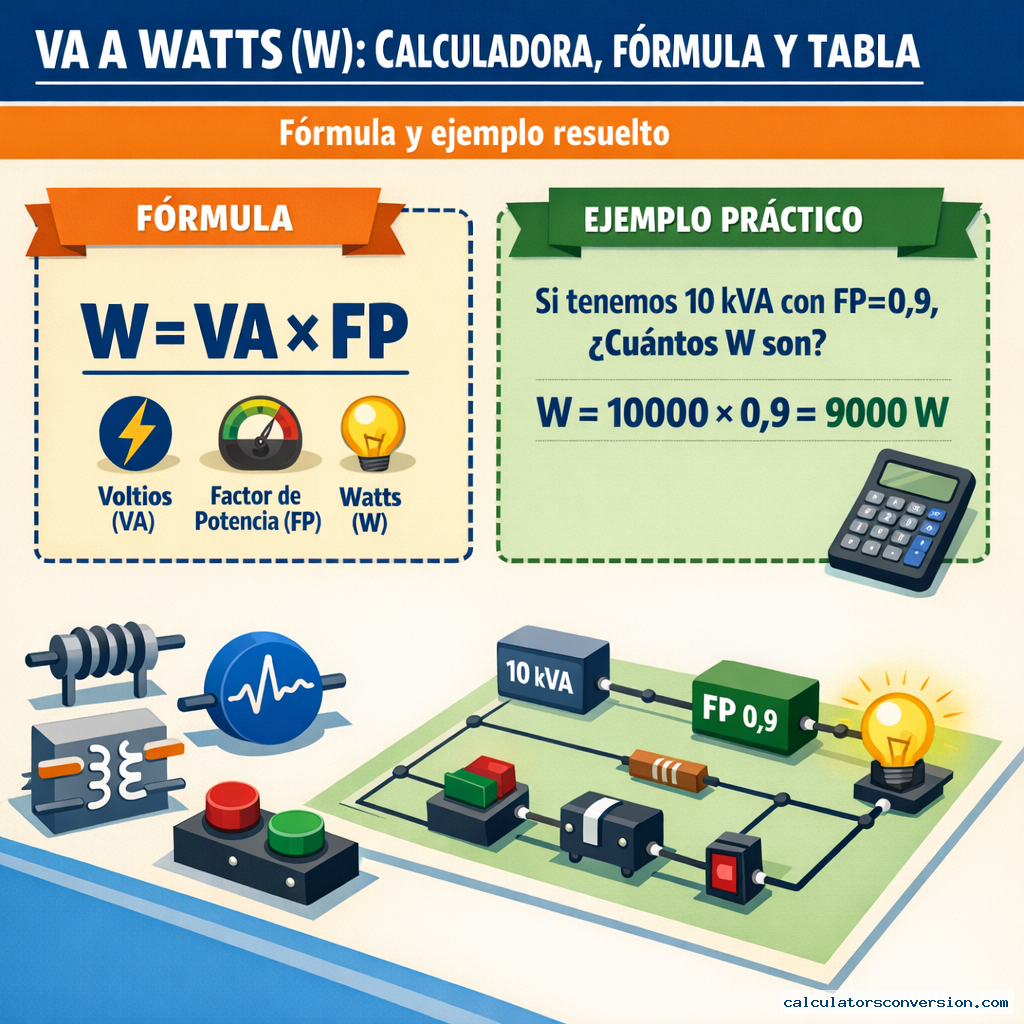 VA a Watts (W): Calculadora, fórmula y tabla — fórmula y ejemplo resuelto