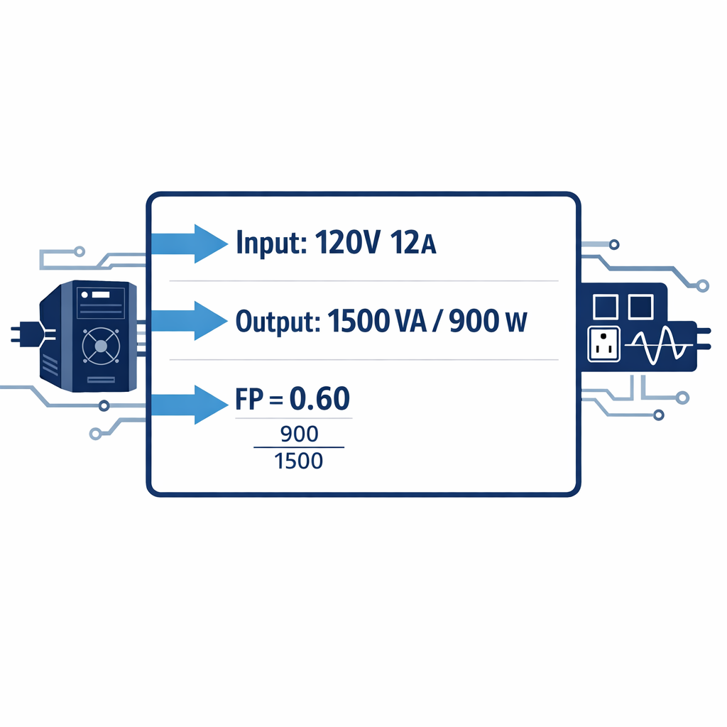 VA a Watts (W): Calculadora, fórmula y tabla — placa de datos real de un ups comercial (tipo apc o eaton) con flechas señalan