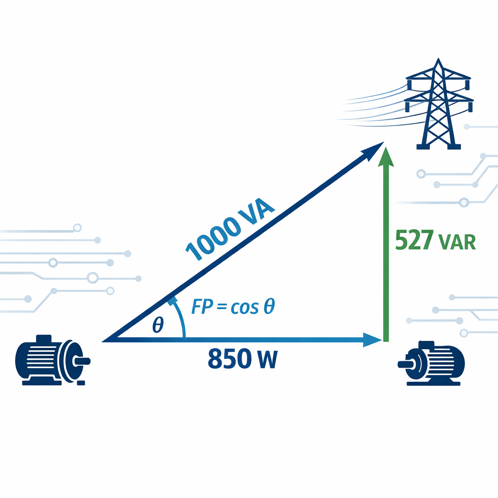 VA a Watts (W): Calculadora, fórmula y tabla — triángulo de potencia con etiquetas: cateto horizontal = potencia activa (w),