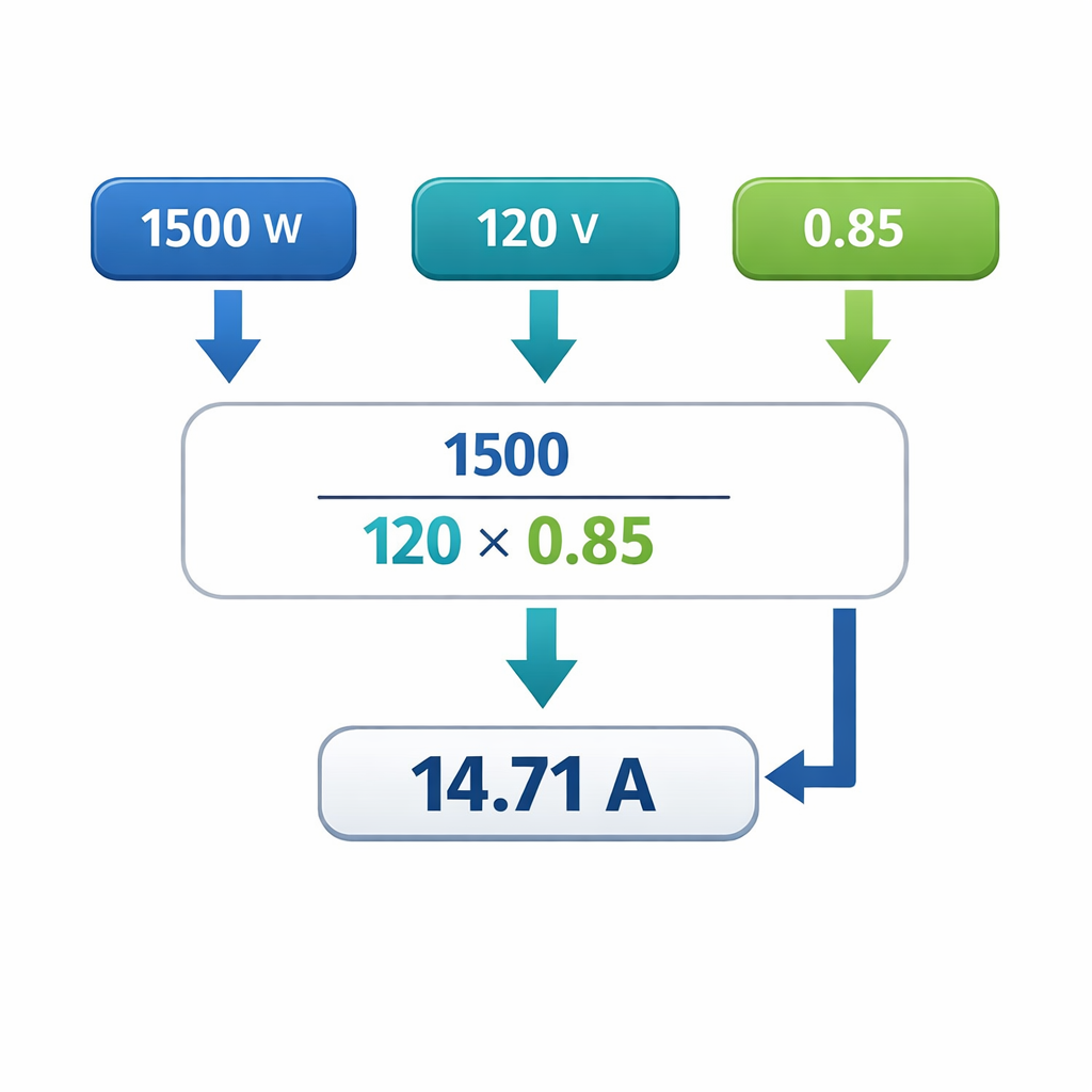 Watts a Amperios – Calculadora Online + Fórmula y Ejemplos — diagrama tipo infografía que muestre la fórmula i = w ÷ (v × fp)
