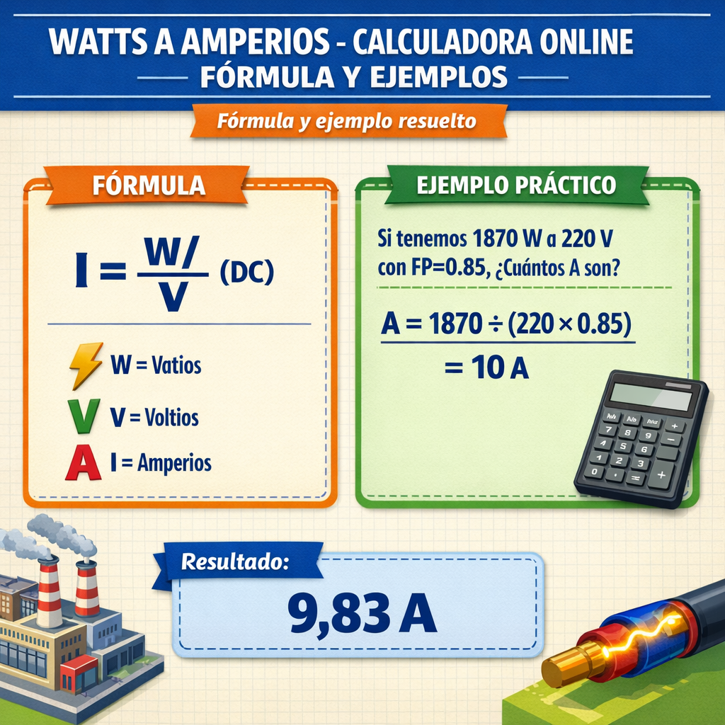 Watts a Amperios – Calculadora Online + Fórmula y Ejemplos — fórmula y ejemplo resuelto