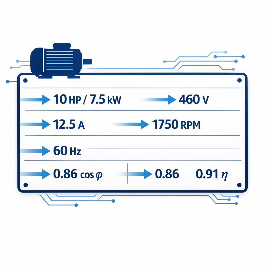 Watts a Amperios – Calculadora Online + Fórmula y Ejemplos — placa de datos de un motor eléctrico trifásico con flechas señal