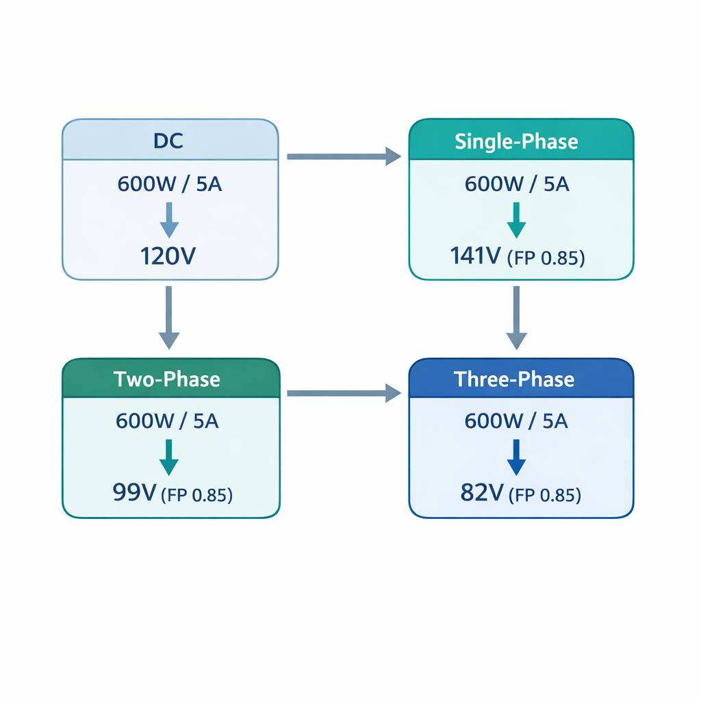 Watts a Voltios: Fórmula, Ejemplos y Calculadora Online Rápida — diagrama con las 4 fórmulas (dc, monofásico, bifásico, trifá