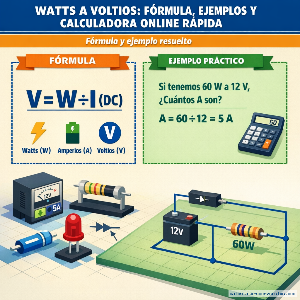 Watts a Voltios: Fórmula, Ejemplos y Calculadora Online Rápida — fórmula y ejemplo resuelto