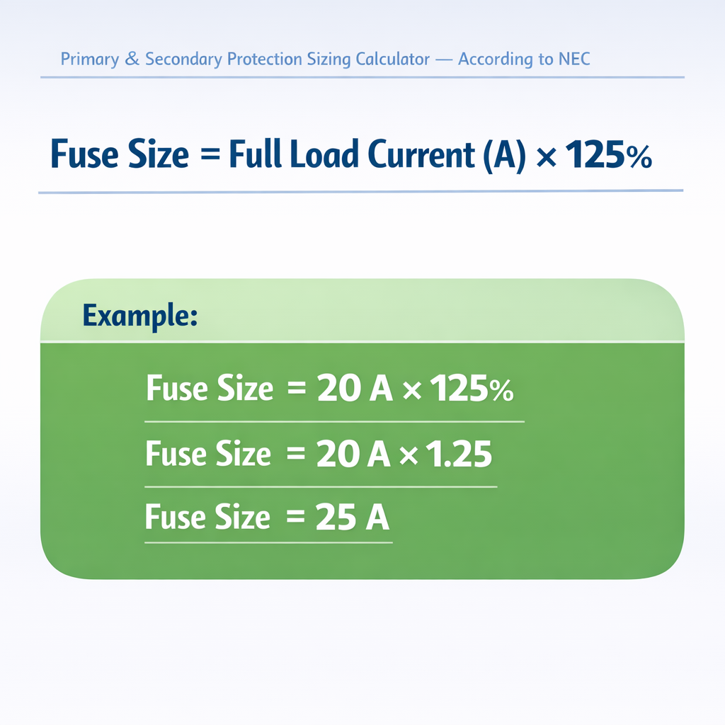 Primary & Secondary Protection Sizing Calculator — According to NEC — fórmula y ejemplo resuelto