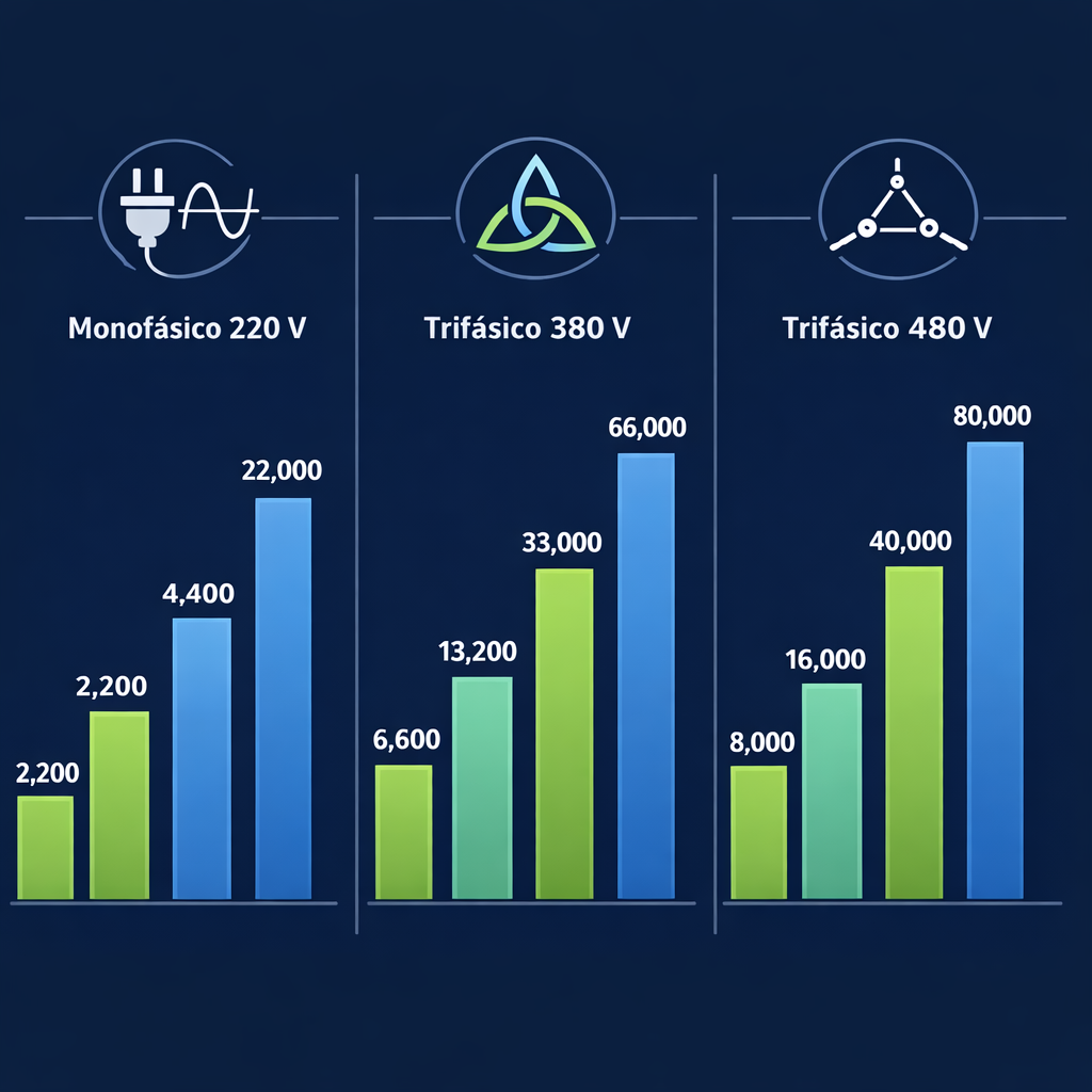 Calculadora de Amp a VA, formula y tabla — infografía comparativa lado a lado con tres paneles: "monofásico 220 v", "trifásic