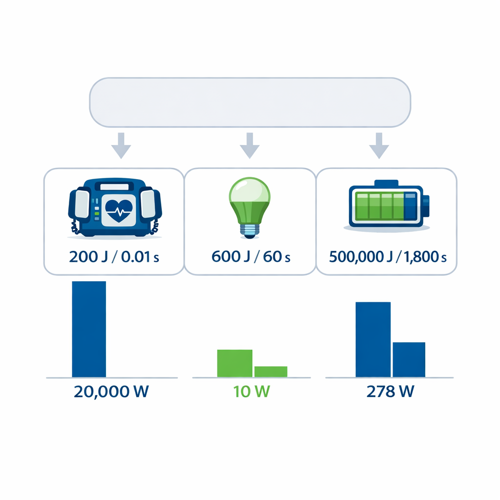 Calculadora de Joule a Watts (Vatios) - Formula, tabla y ejemplos — diagrama visual estilo infográfico que muestra la relació