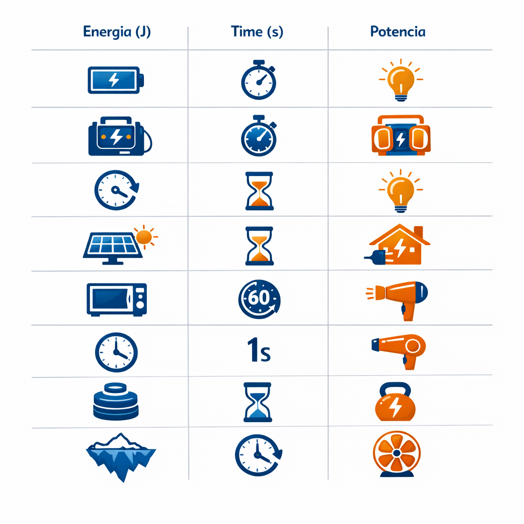 Calculadora de Joule a Watts (Vatios) - Formula, tabla y ejemplos — tabla visual comparativa con tres columnas: "energía (j)"