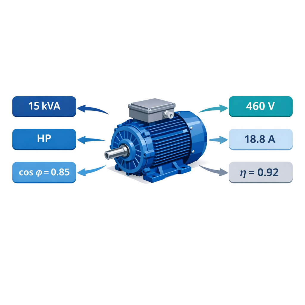 Calculadora de kVA a HP - Formula, tablas y ejemplos — diagrama técnico de placa de datos de un motor eléctrico trifásico de 