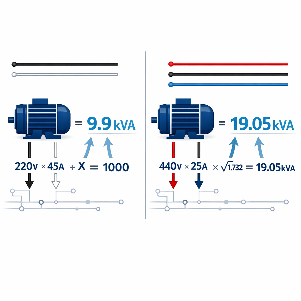 Calculadora de kVA a HP - Formula, tablas y ejemplos — esquema comparativo lado a lado de conexión monofásica (2 cables: líne