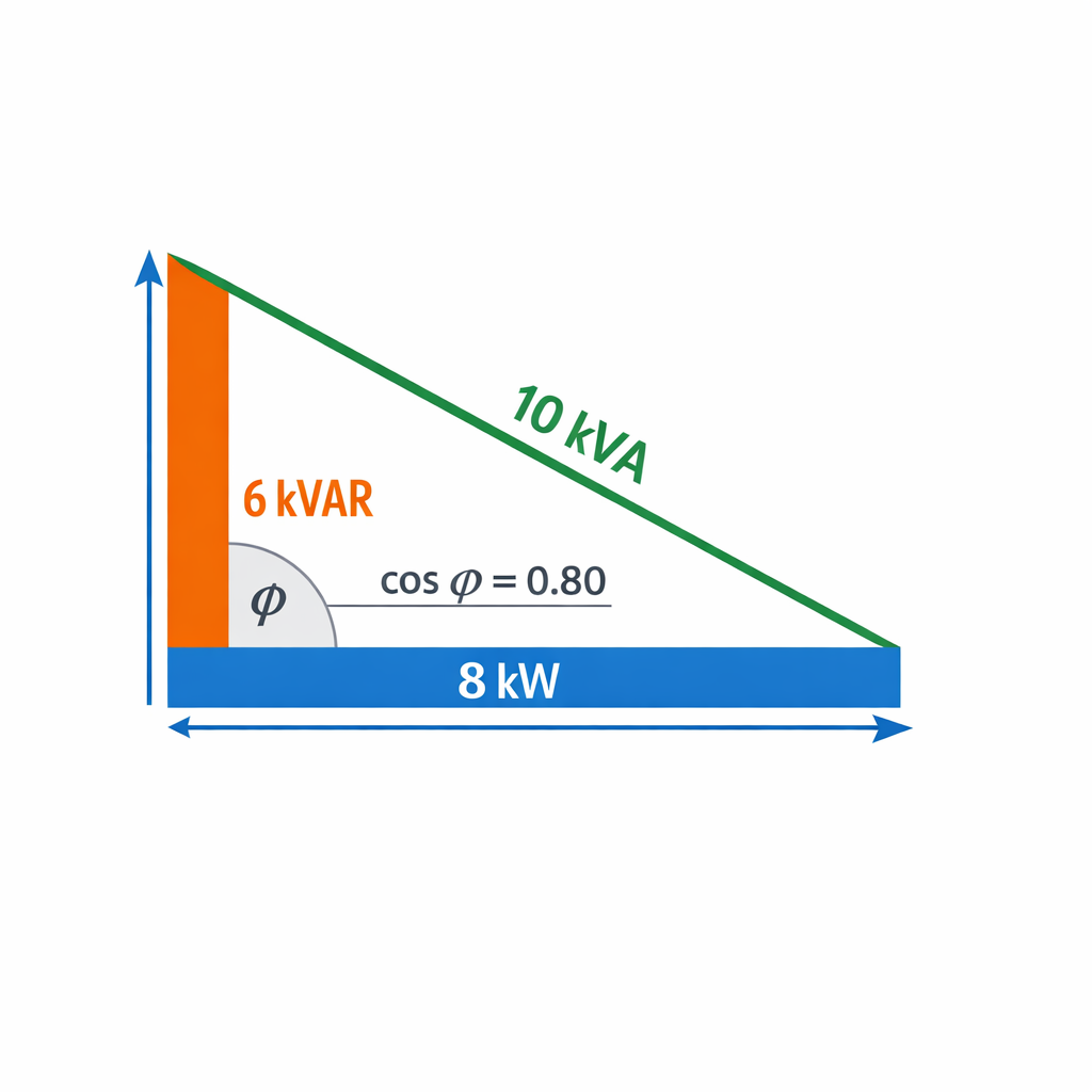Calculadora de kVA a Watts (Vatios) - Fórmula, tabla y ejemplos — diagrama triangular de potencia (fondo blanco, estilo técni