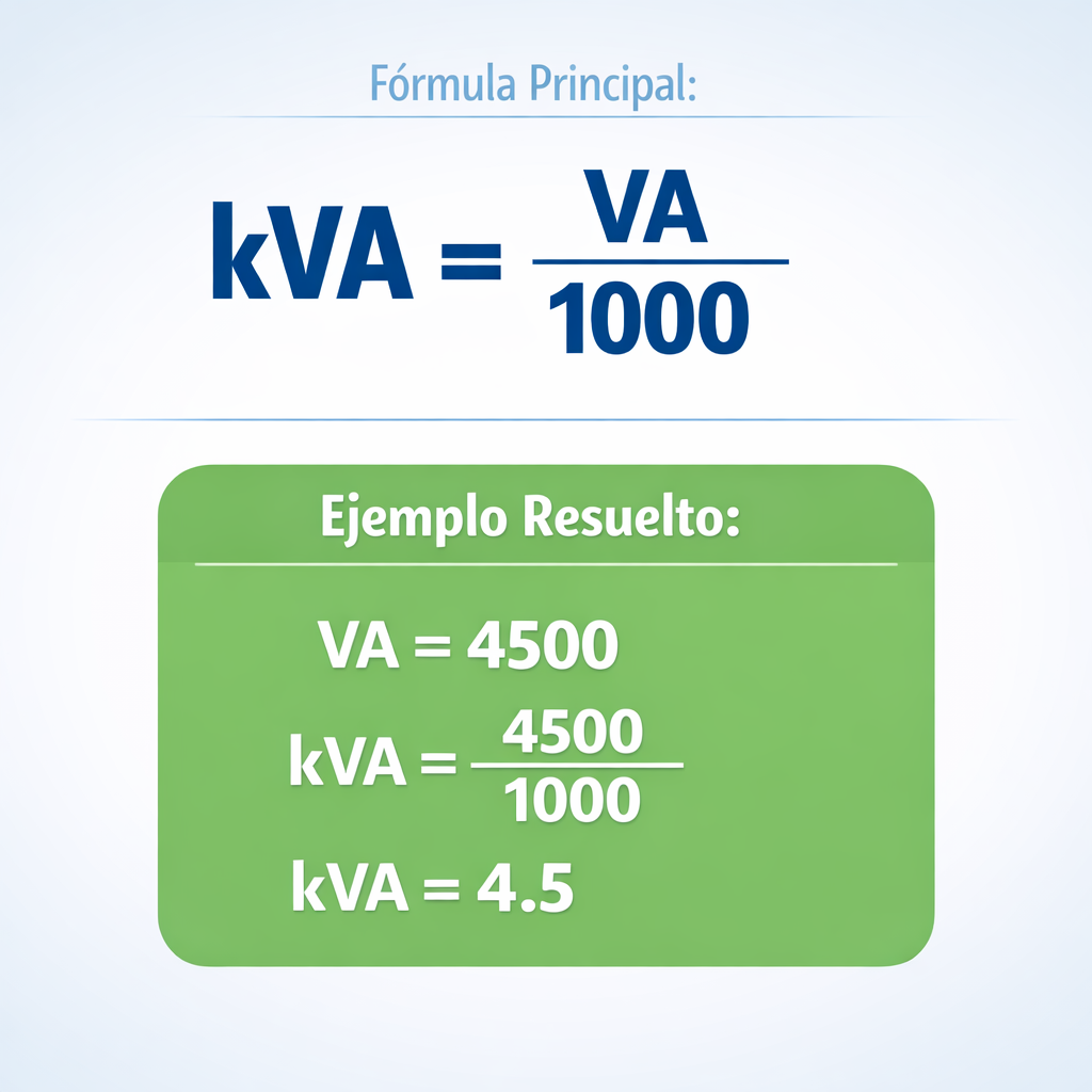 Calculadora de VA a kVA - Tablas, formulas y ejemplos — infografía con la fórmula principal y un ejemplo numérico resuelto de