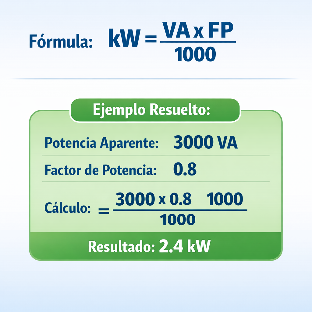 Calculadora de VA a kW con formula, ejemplos y tabla — infografía con la fórmula principal y un ejemplo numérico resuelto del