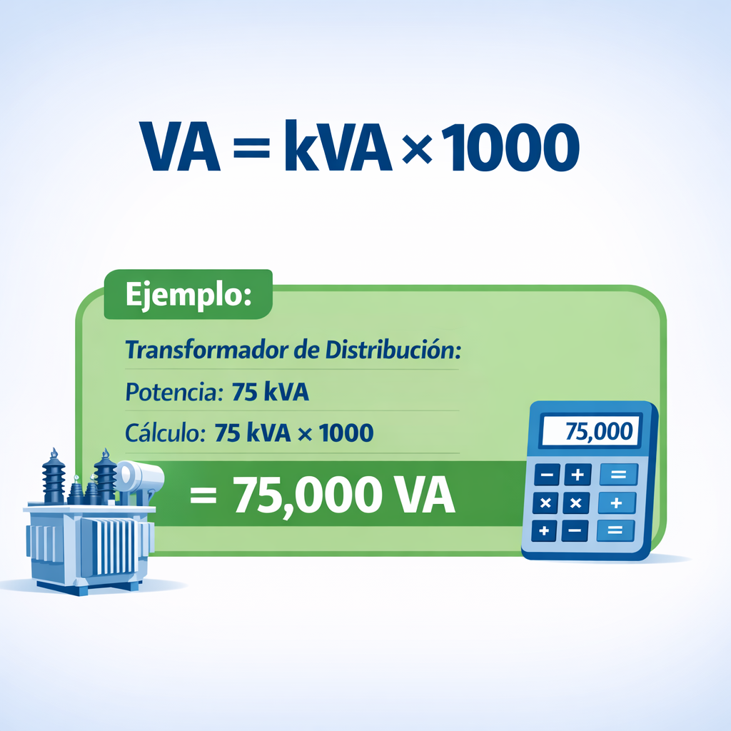 Calculadora kVA a VA - Formula, tabla y ejemplos — infografía con la fórmula va = kva × 1000 y un ejemplo numérico resuelto p