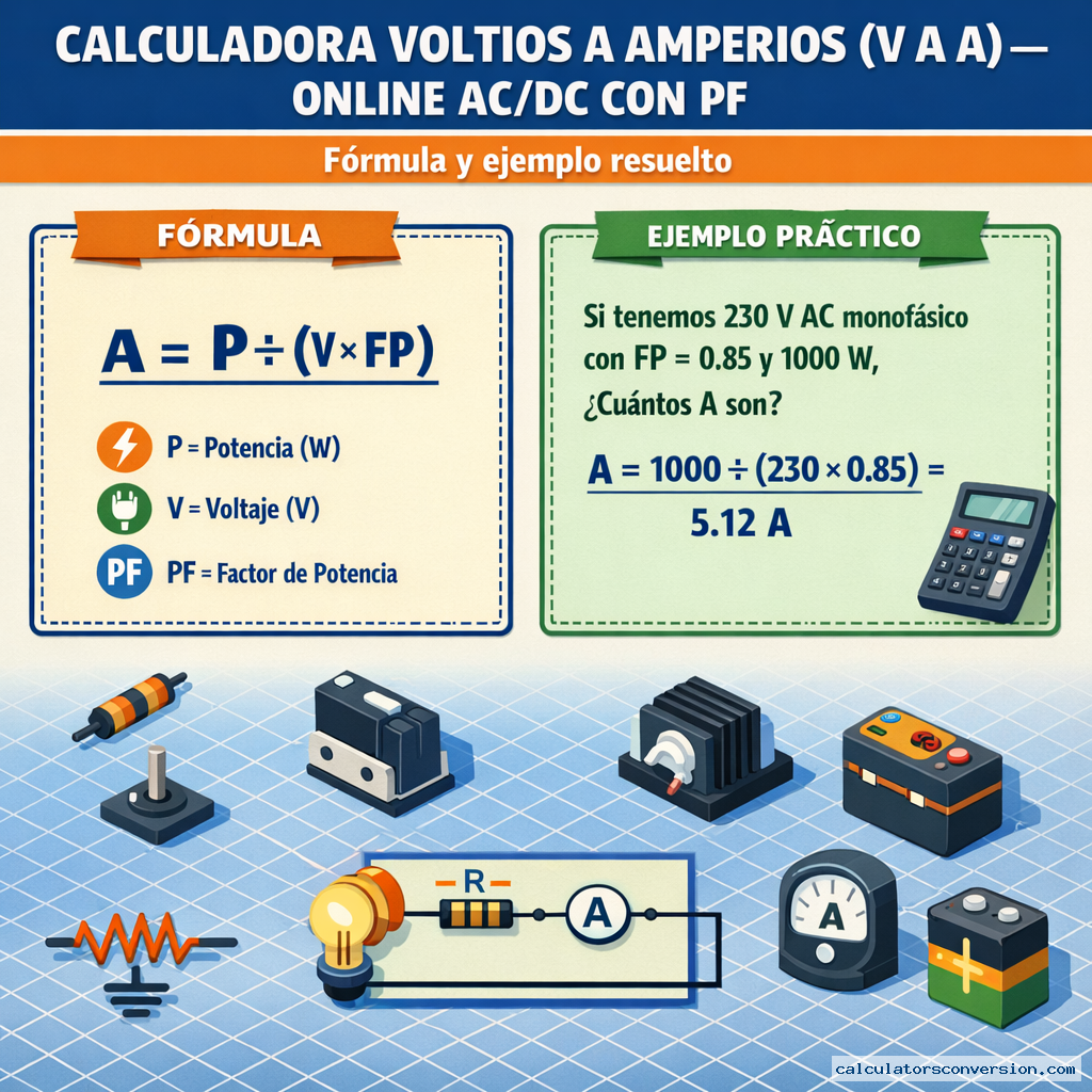 Calculadora Voltios a Amperios (V a A) — Online AC/DC con PF — fórmula y ejemplo resuelto