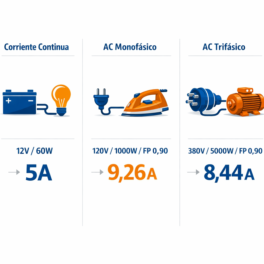Calculadora Voltios a Amperios (V a A) — Online AC/DC con PF — comparativa visual en tres columnas mostrando las tres fórmula