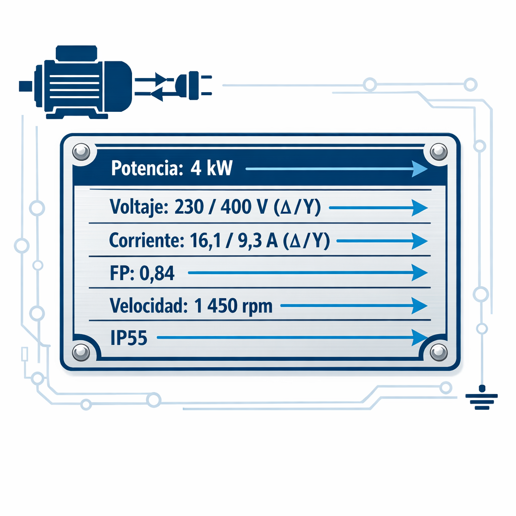 Calculadora Voltios a Amperios (V a A) — Online AC/DC con PF — placa de motor eléctrico con los campos clave señalados con fl