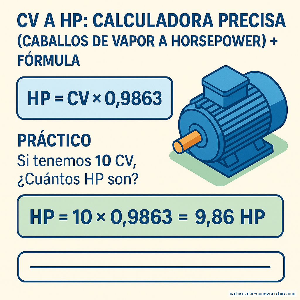 CV a HP: Calculadora precisa (caballos de vapor a horsepower) + fórmula — fórmula y ejemplo resuelto