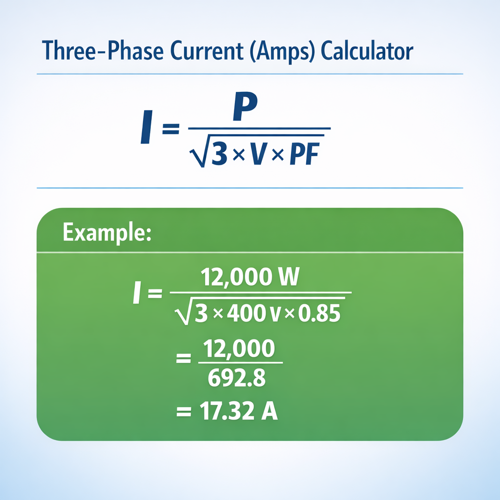 Three-Phase Current (Amps) Calculator — fórmula y ejemplo resuelto