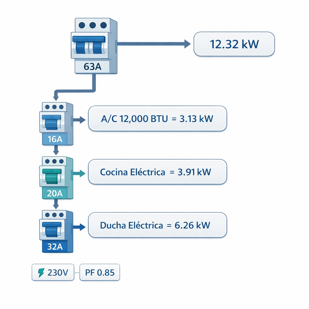 Calculadora Amperios ↔ kW (Monofásico/Trifásico) Voltaje y FP — diagrama de tablero eléctrico residencial con breakers etique