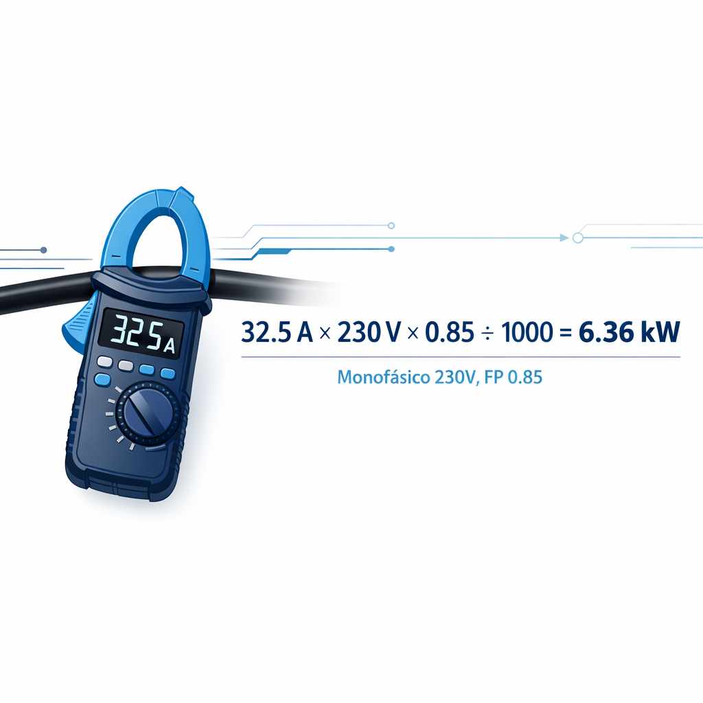 Calculadora Amperios ↔ kW (Monofásico/Trifásico) Voltaje y FP — pinza amperimétrica midiendo un cable, con la pantalla mostra