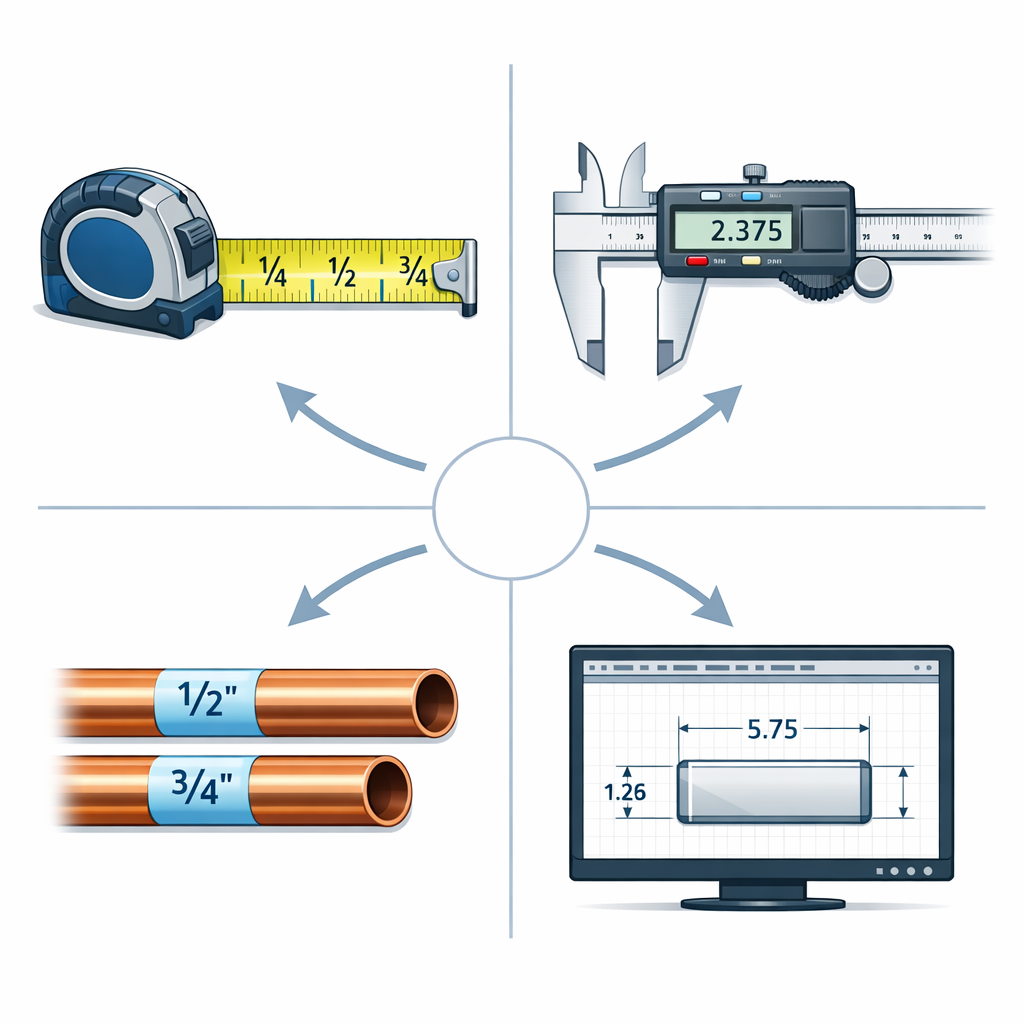 Calculadora de Pulgadas a Fracciones - Rápida y Gratis — diagrama dividido en 4 cuadrantes mostrando aplicaciones prácticas d
