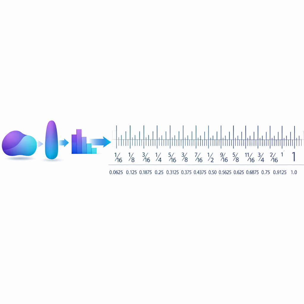 Calculadora de Pulgadas a Fracciones - Rápida y Gratis — regla de pulgadas con marcas de fracciones etiquetadas (1/16, 1/8, 3