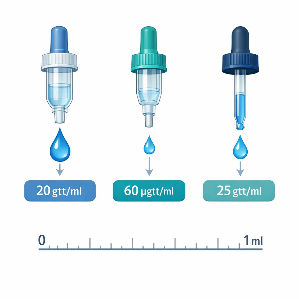 Calculator Conversion de Gotas a Ml | Rápido y Preciso — diagrama técnico que muestre tres tipos de goteros lado a lado (está