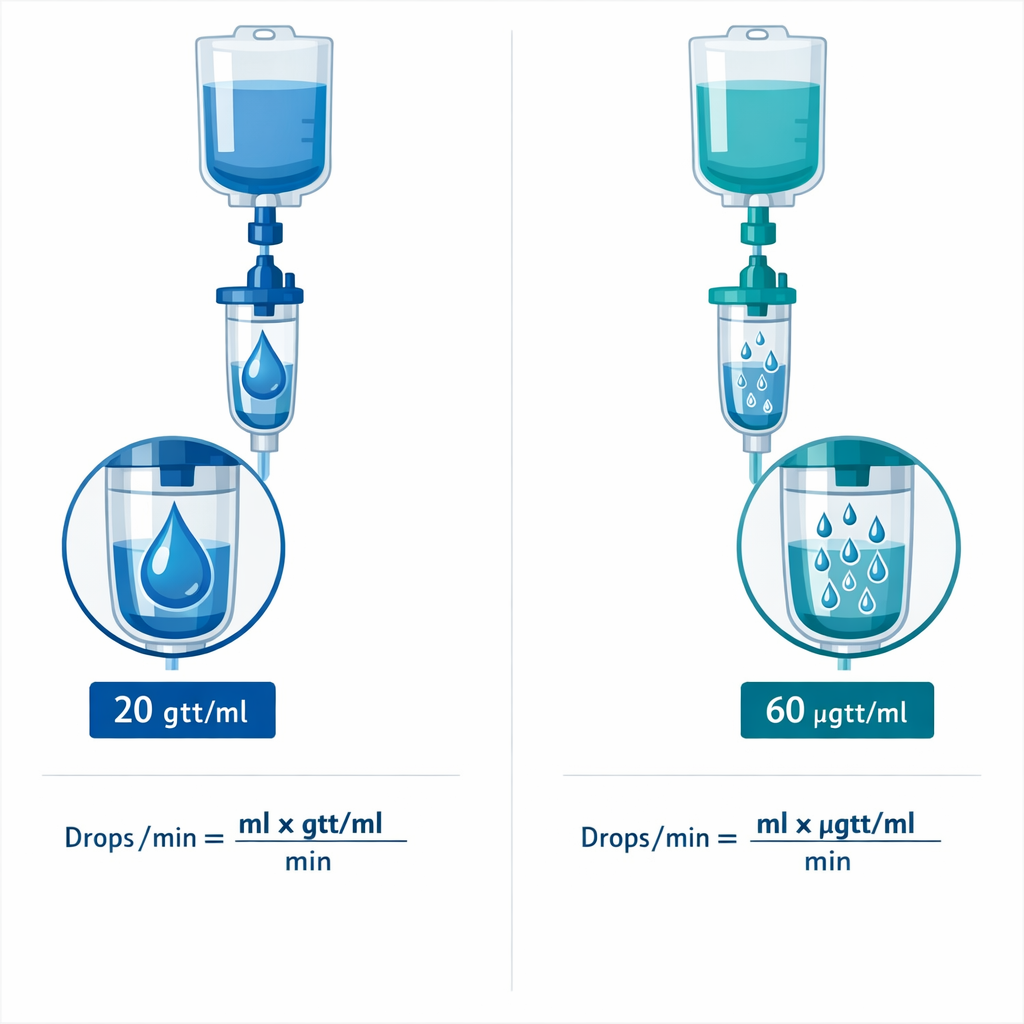 Calculator Conversion de Gotas a Ml | Rápido y Preciso — infografía comparativa lado a lado de un equipo de venoclisis macrog