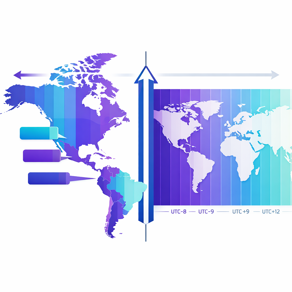 Calculator Convertidor de Tiempo Utc a Hora Local Gratis — mapa del mundo dividido en franjas verticales de colores, cada fra