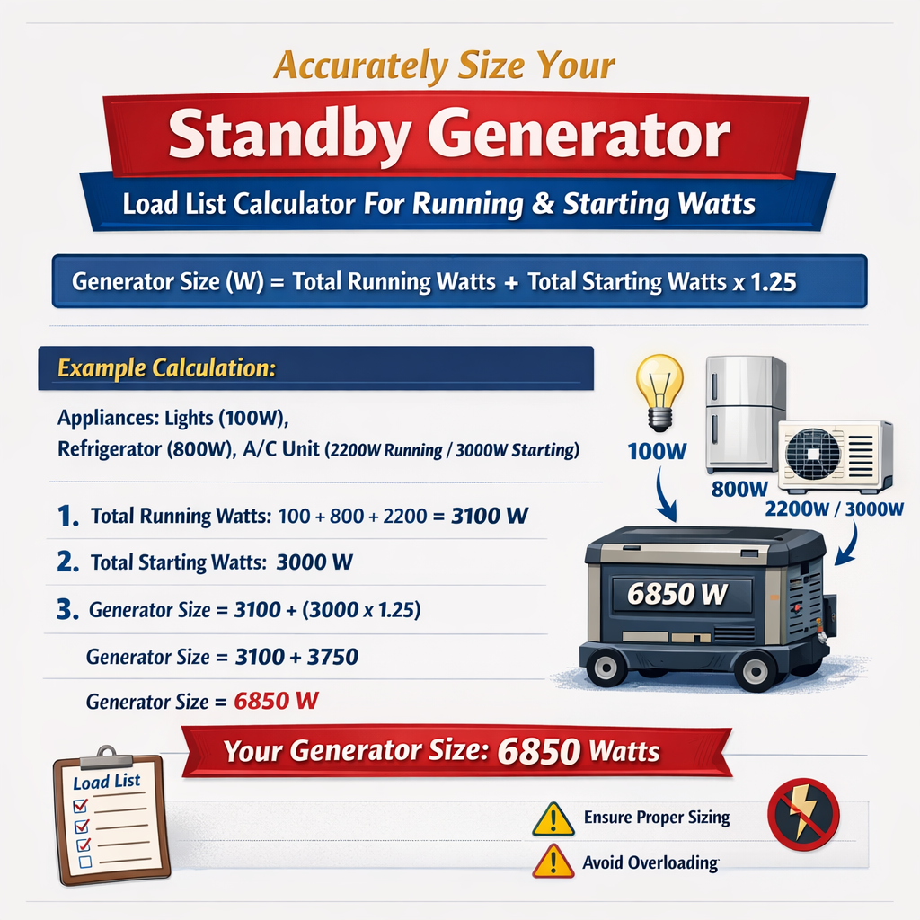 Accurately Size Your Standby Generator Load List Calculator For Running Starting Watts Guide