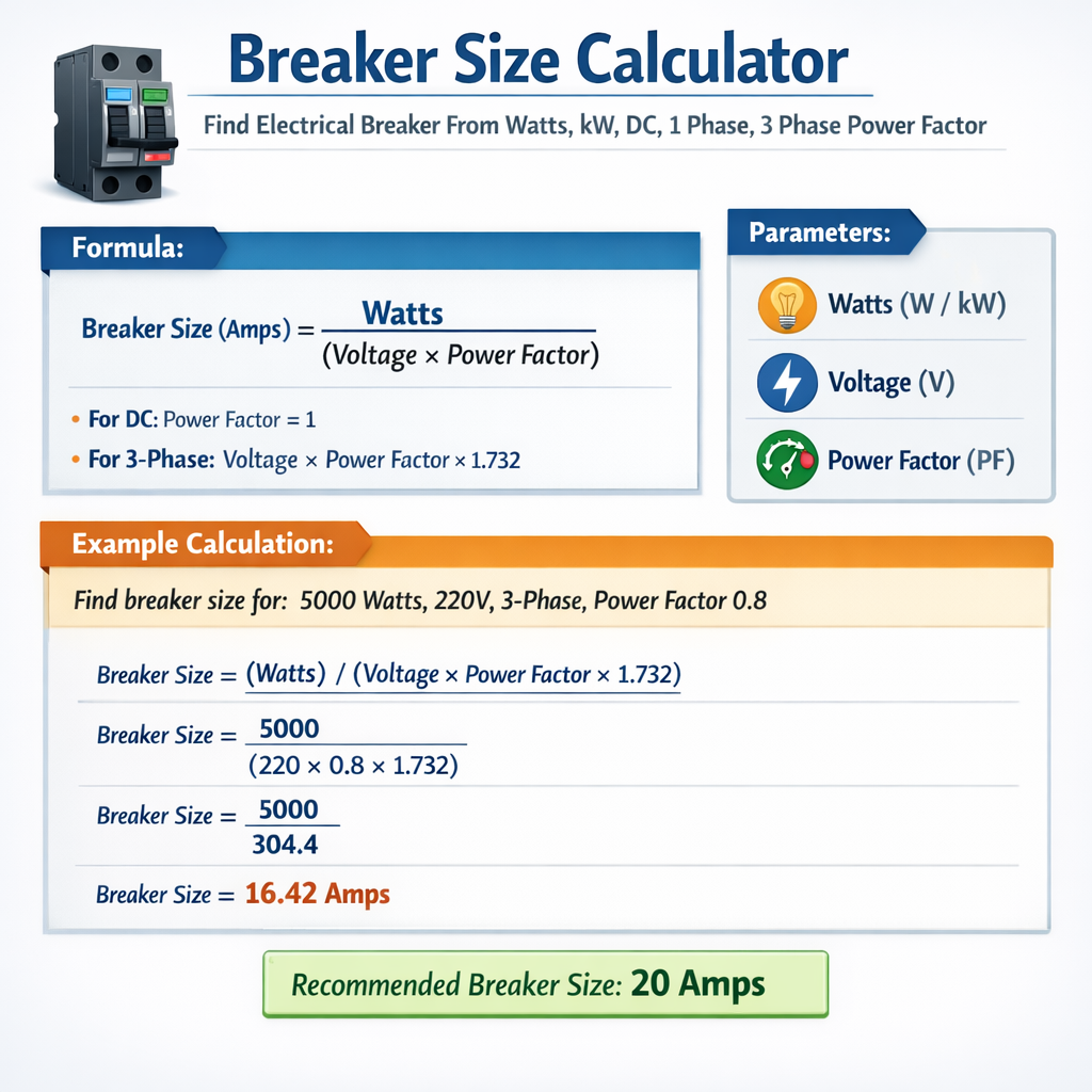 Breaker Size Calculator Find Electrical Breaker From Watts Kw Dc 1 Phase 3 Phase Power Factor Guide