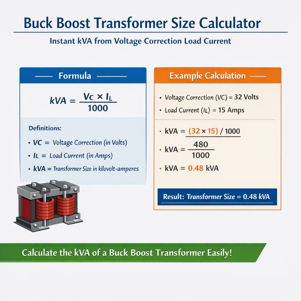 Buck Boost Transformer Size Calculator Instant Kva From Voltage Correction Load Current Guide