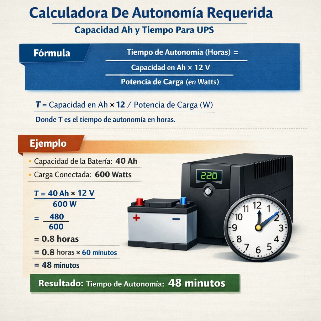 Calculadora de Autonomia Requerida Capacidad Ah y Tiempo para UPS eficaz