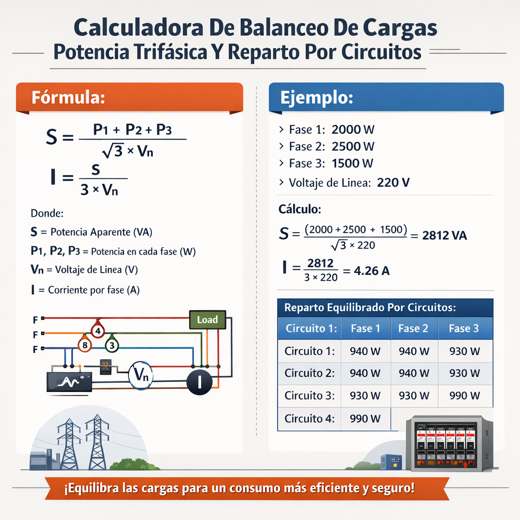 Calculadora de balanceo de cargas potencia trifásica y reparto por circuitos fácil y precisa