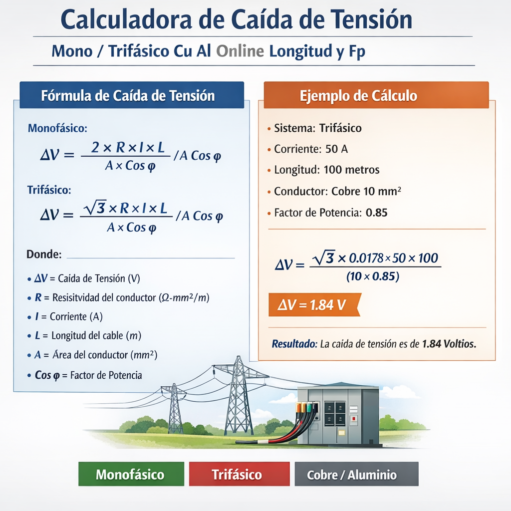 Calculadora de caida de tension mono trifasico Cu Al online longitud y fp sencilla