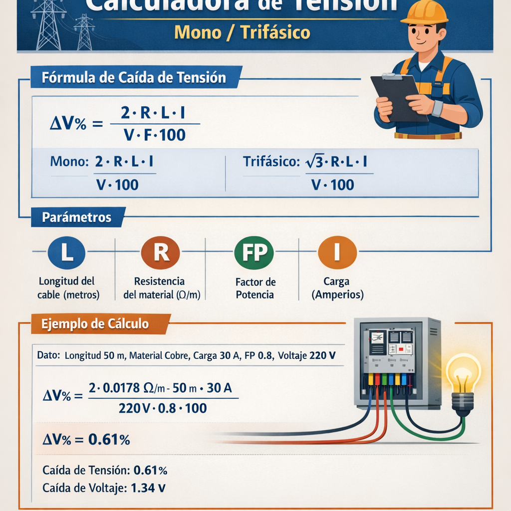 Calculadora de Caida De Tension Mono Trifasico Longitud Material Fp Y Carga fácil y precisa