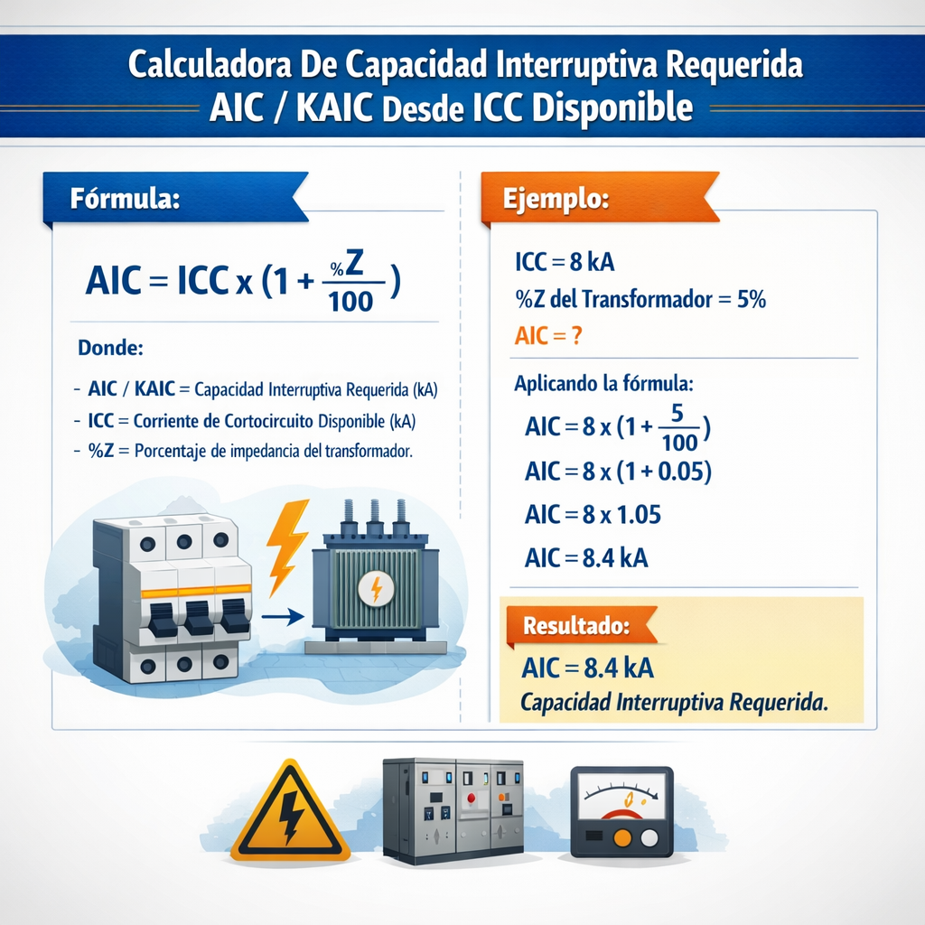 Calculadora de capacidad interruptiva requerida Aic Kaic desde Icc disponible para instalaciones