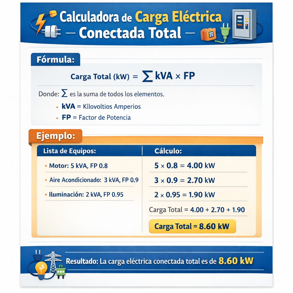 Calculadora de carga electrica conectada total por listas kw kva fp instal eficiente y precisa