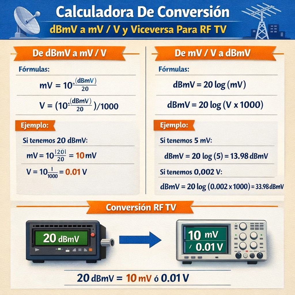 Calculadora de conversion Dbmv a mV V y viceversa para RF TV eficiente
