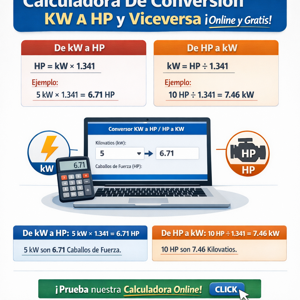 Calculadora De Conversion Kw A Hp Y Viceversa online y gratis para motores