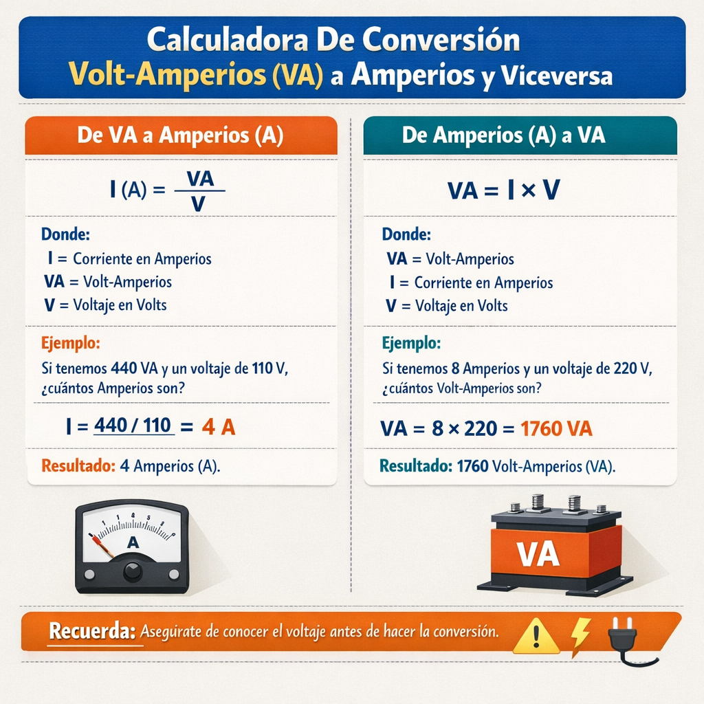 Calculadora De Conversion Volt-amperios (VA) a Amperios y viceversa fácil y precisa