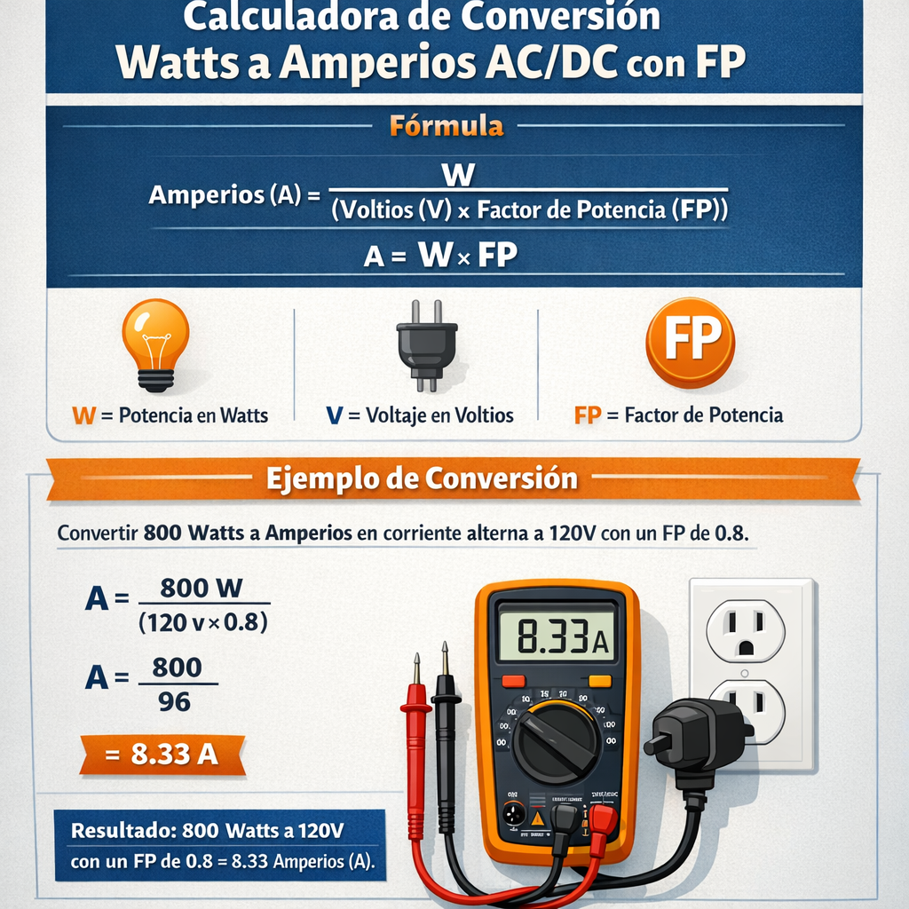 Calculadora de conversion watts a amperios AC DC con FP rápida y precisa