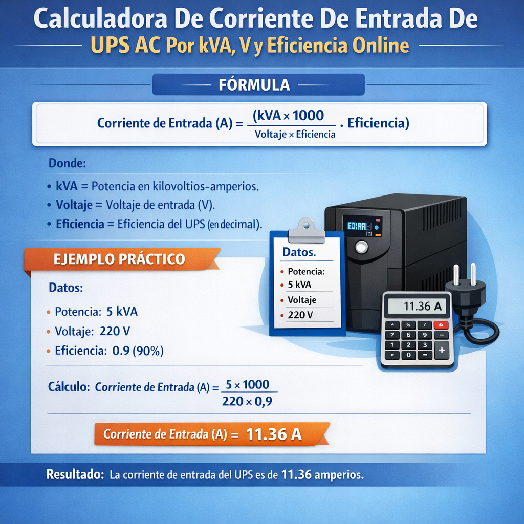 Calculadora de corriente de entrada de ups ac por kva v y eficiencia online rápida y precisa
