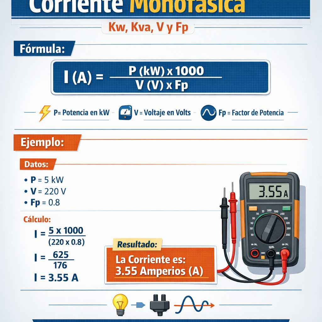 Calculadora de corriente monofásica Kw Kva V y Fp para instalaciones eléctricas