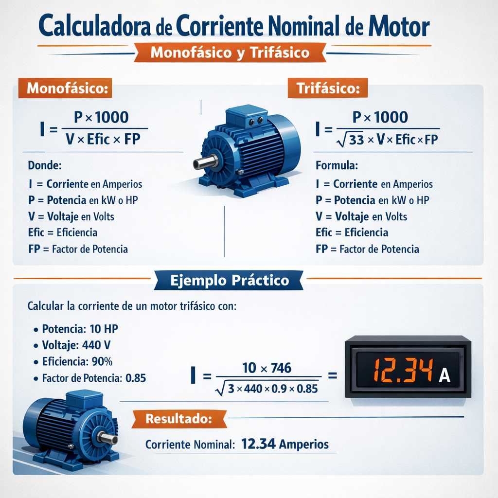 Calculadora de corriente nominal de motor mono trifásico kw hp v efic y fp rápida y precisa